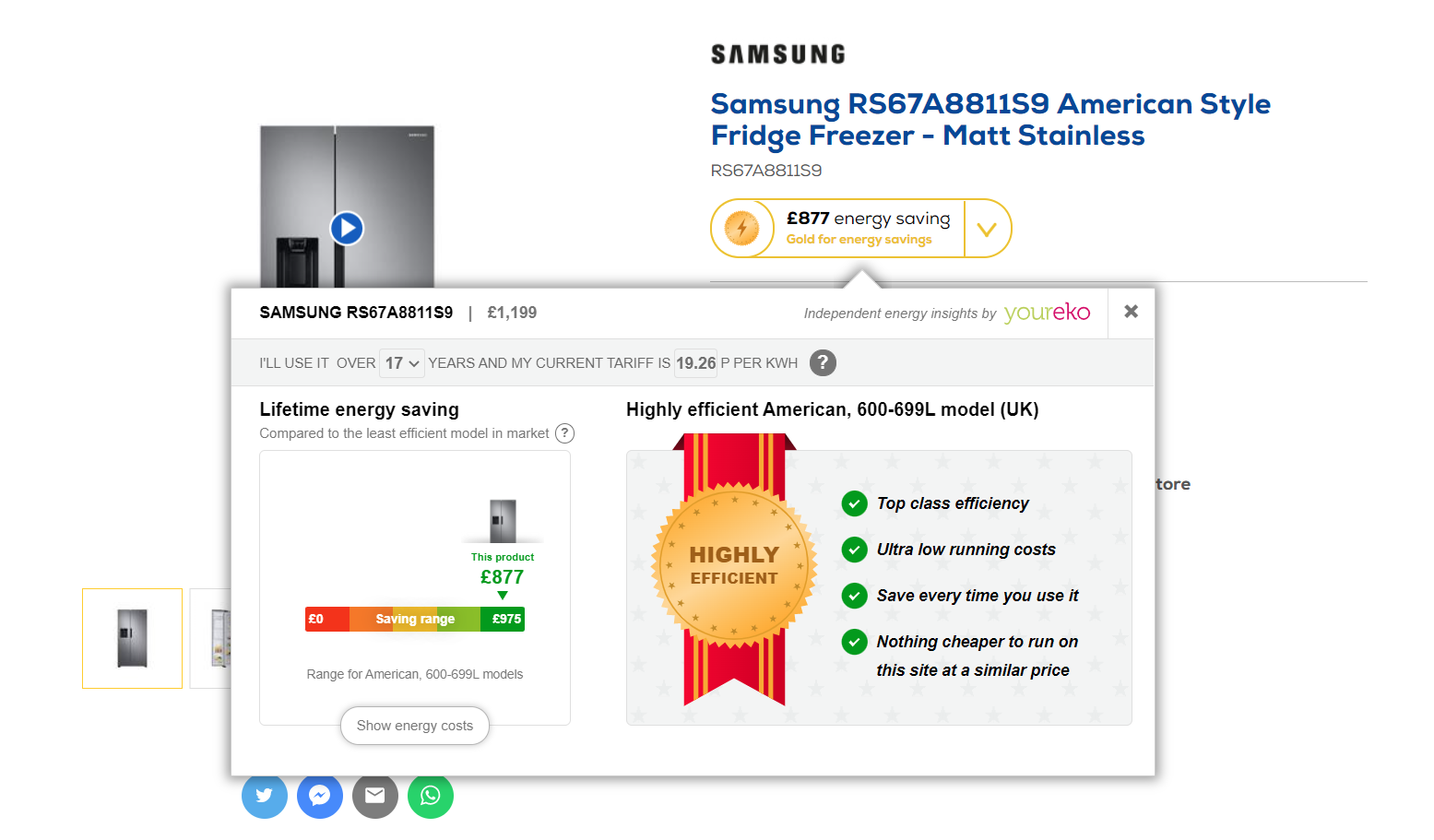 The Youreko tool shows information on a refrigerator