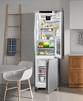 Freestanding fridge freezer in a modern kitchen