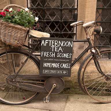 A bike advertises afternoon tea